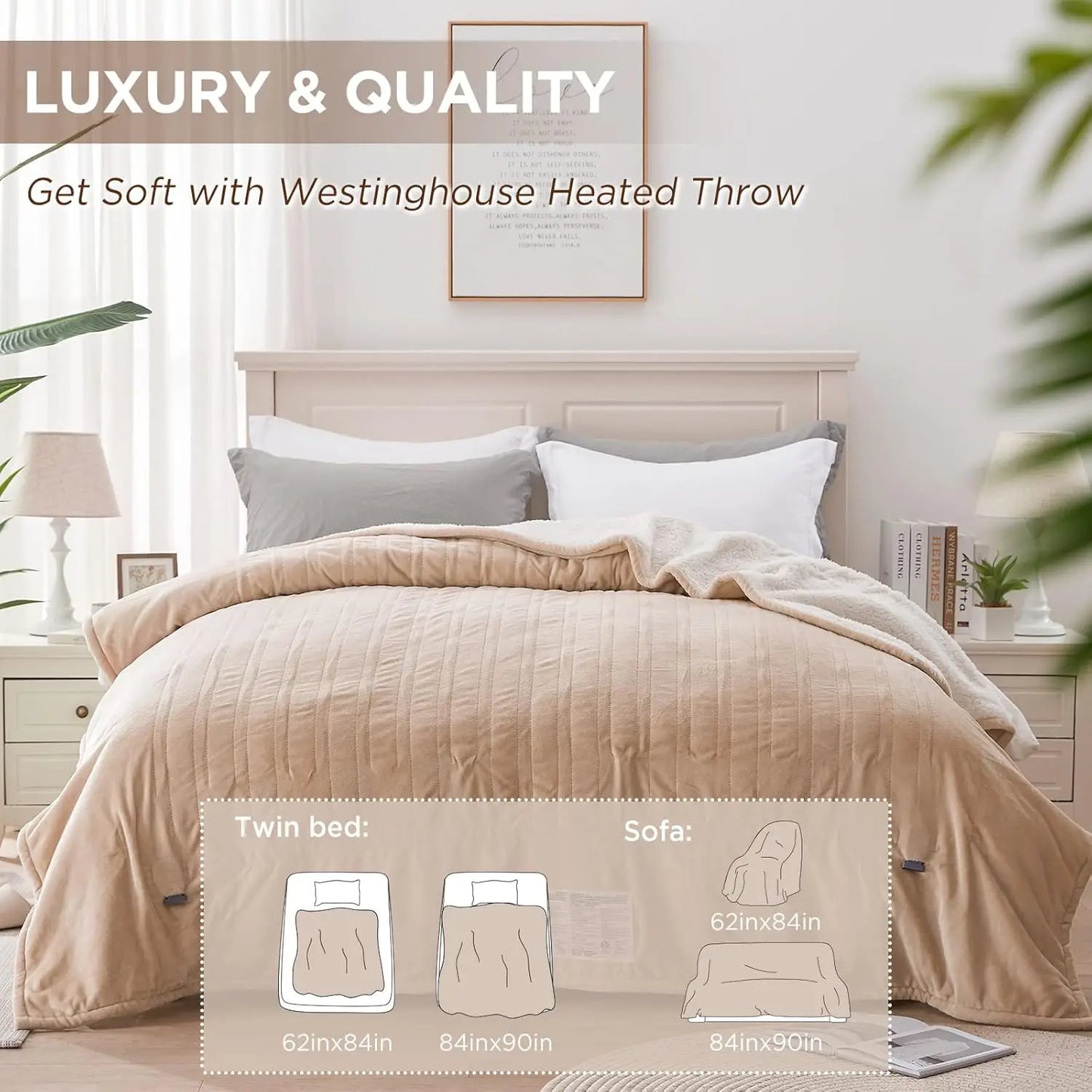 Queen Electric Heated Blanket – Flannel & Sherpa, Beige Peaceful Pleasures Health and Wellness