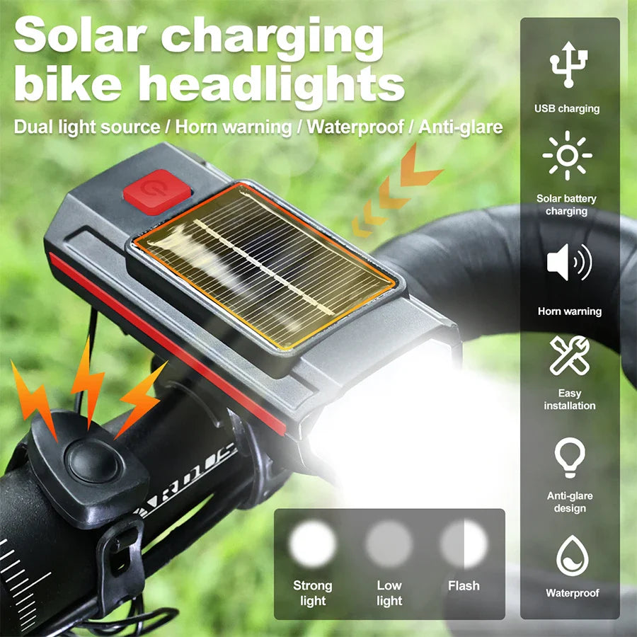 Solar Bike Light with 120dB Horn | USB-C Rechargeable LED MTB