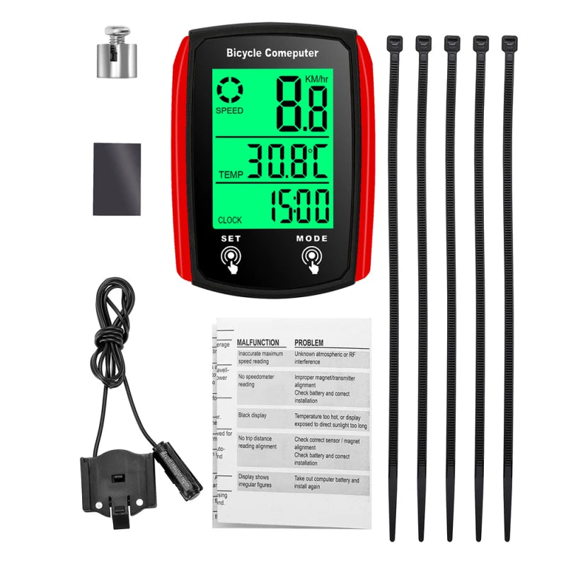 Bicycle Computer LED Digital Wired Cycling Computer Speedometer Touchscreen Bike Speed Odometer with Backlight Bike Accessories Peaceful Pleasures Health and Wellness Black Red