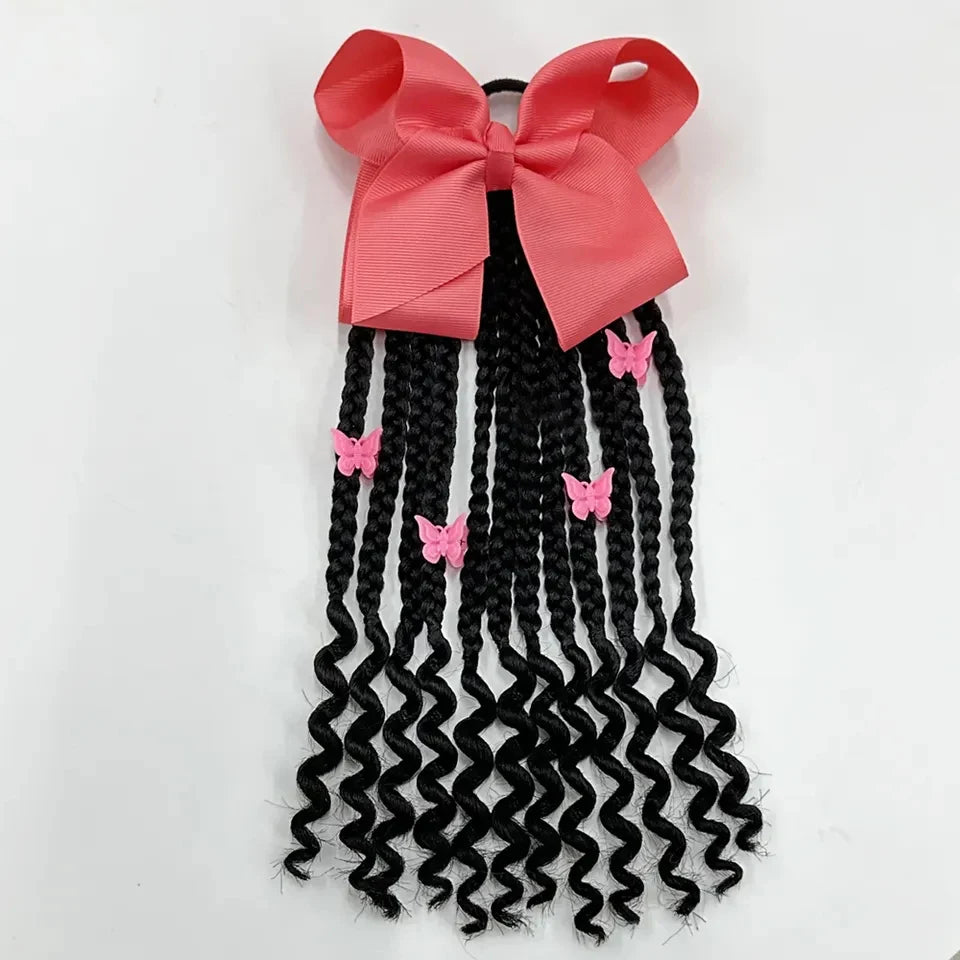 Kids Braided Ponytail with Beads and Bow Kids Hair Extension Ponytail with Curly End for Girls Black Girl Hair Accessories Peaceful Pleasures Health and Wellness Light Pink