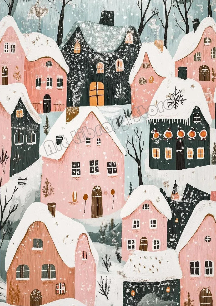 Snowy Christmas Village Canvas Wall Art | Unframed Holiday Print