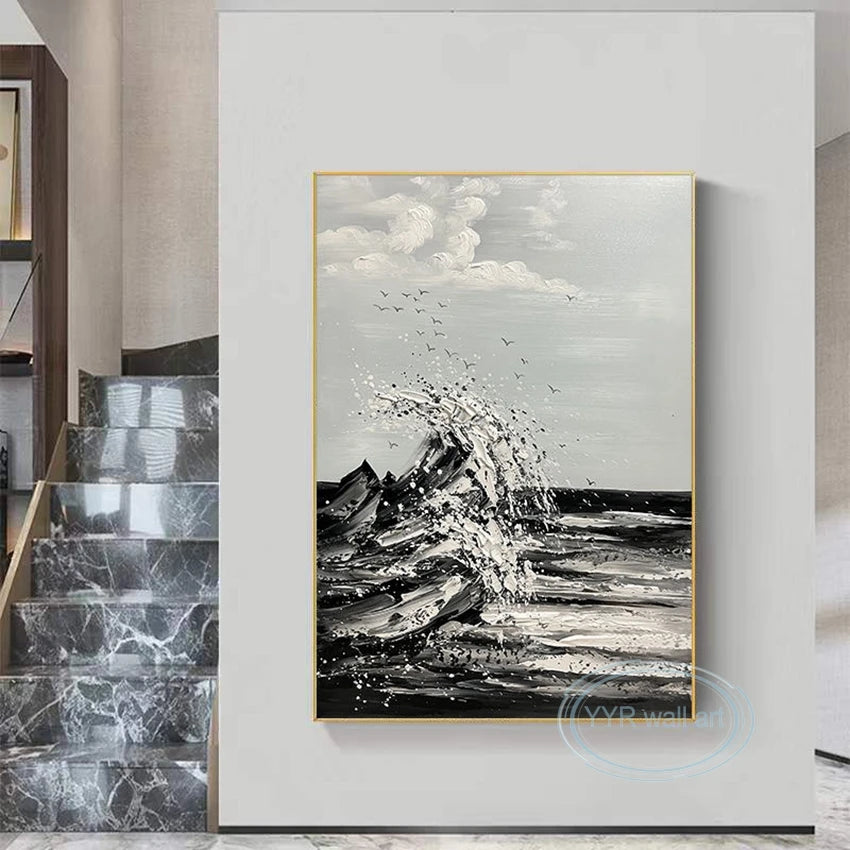 Living Room Porch Abstract Black White Poster Handmade Seascape Canvas Oil Painting Modern Wall Art Decoration Hanging Picture Peaceful Pleasures Health and Wellness