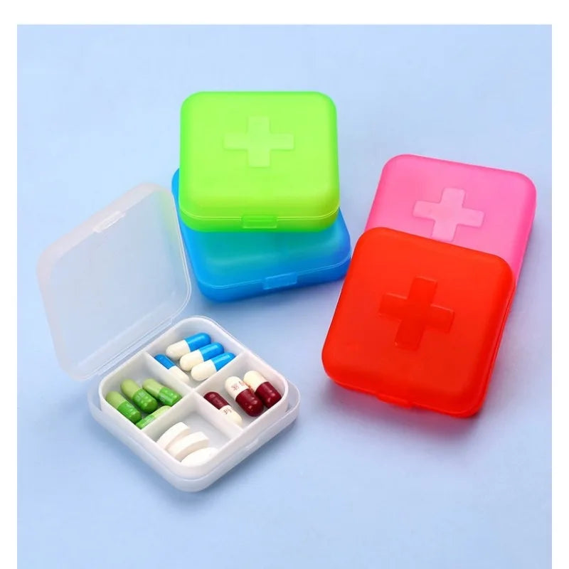 4Grids Cross Print Pill Box Portable Mini Plastic Pill Storage Pure Color Pocket Medicine Box Outdoor Home Pill Case Peaceful Pleasures Health and Wellness