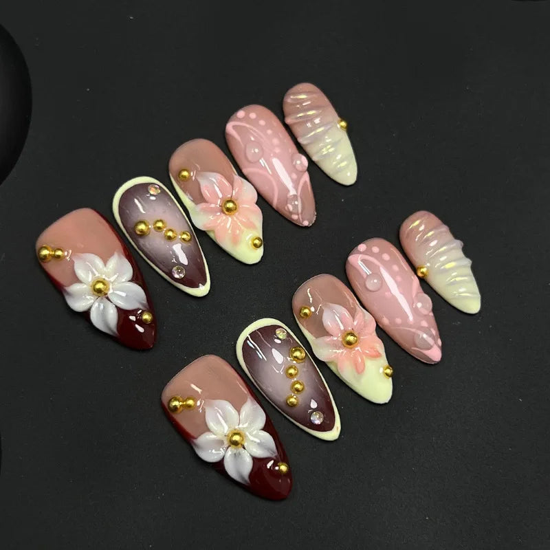 Handmade Press on Nails 3D Hand-carved Petals Decor False Nail Tips Reusable Wearable Retro European French Almond Fake Nails Peaceful Pleasures Health and Wellness S 1