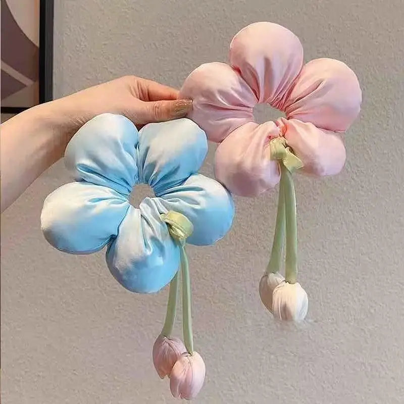 Candy Color Flower Scrunchie – Soft Fabric Hair Tie for Women