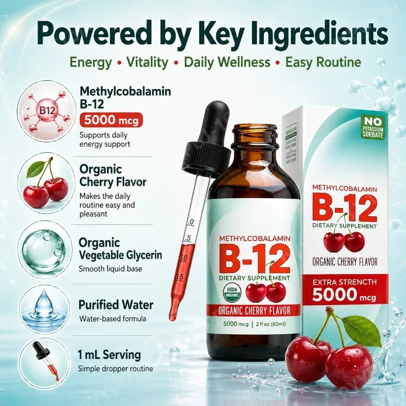 Methylcobalamin B12 5000mcg Liquid Drops | Organic Cherry 60ml