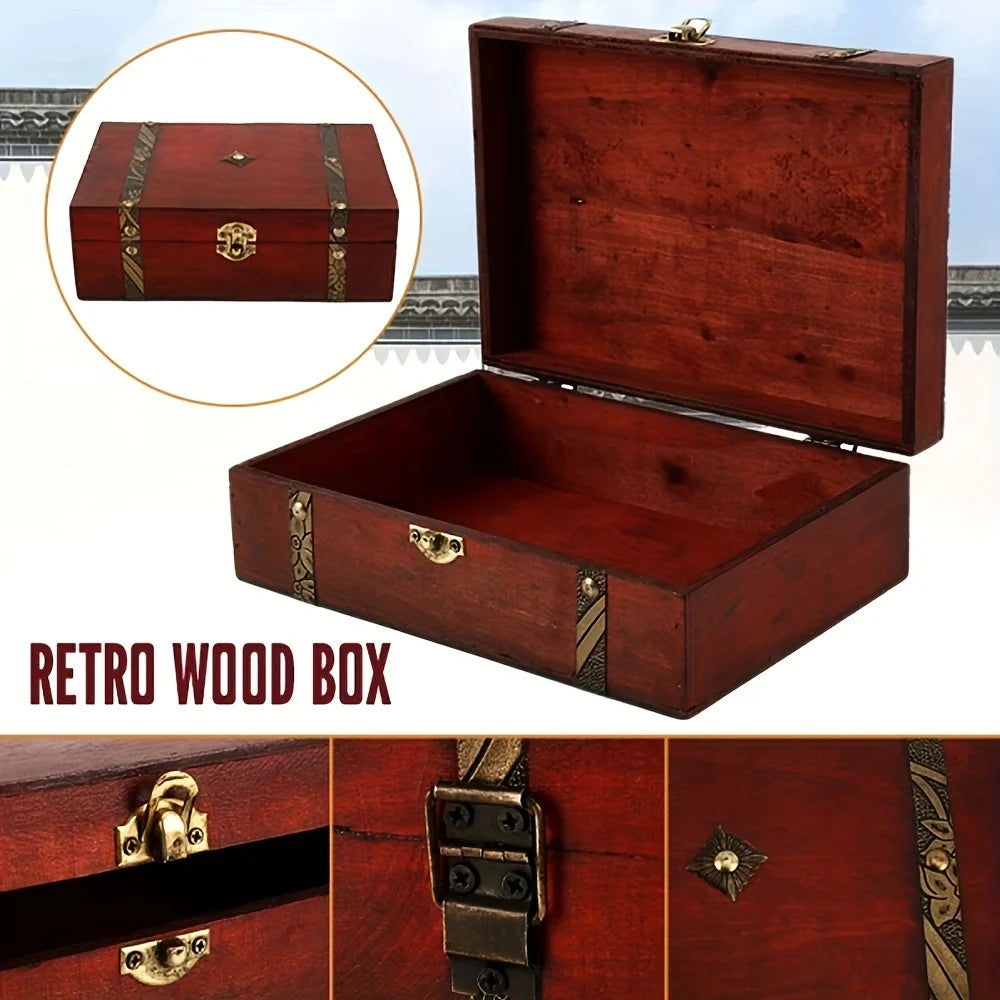 Retro Wooden Storage Box with Metal Clasp, Vintage Keepsake Case for Jewelry Rings Coins, Wood Craft Organizer Home Decor Peaceful Pleasures Health and Wellness