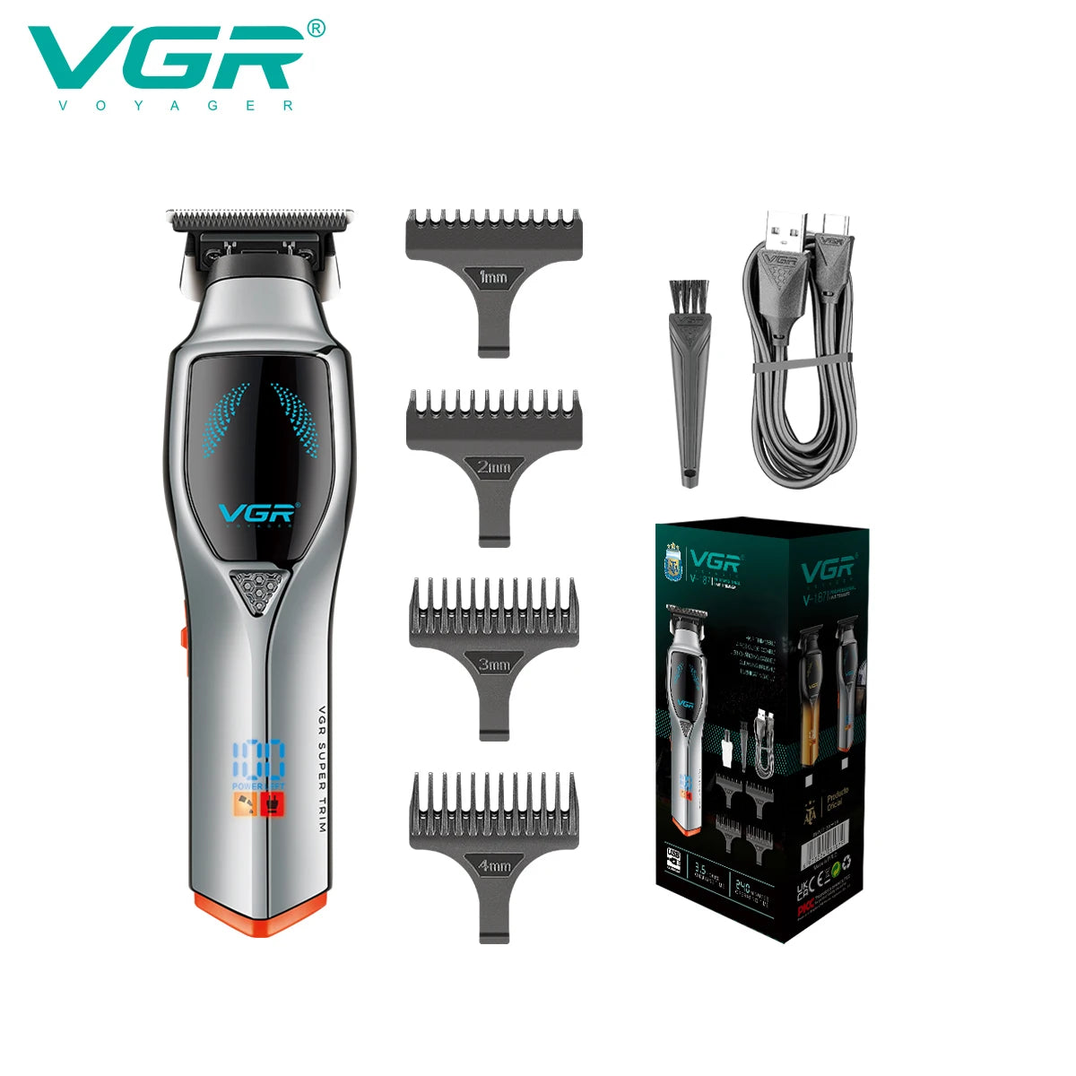 Vgr 187 USB Charging Hair Clipper Professional Cordless Electric Men's Shaving Gradient Intelligent Digital Push Clipper Peaceful Pleasures Health and Wellness 187 silver