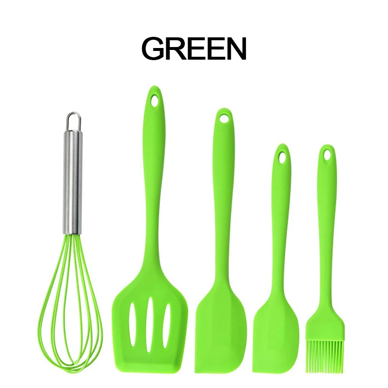 5-Piece Silicone Kitchen Utensil Set – Non-Stick Spatula, Spoon, Ladle & Egg Beater with Wooden Handles