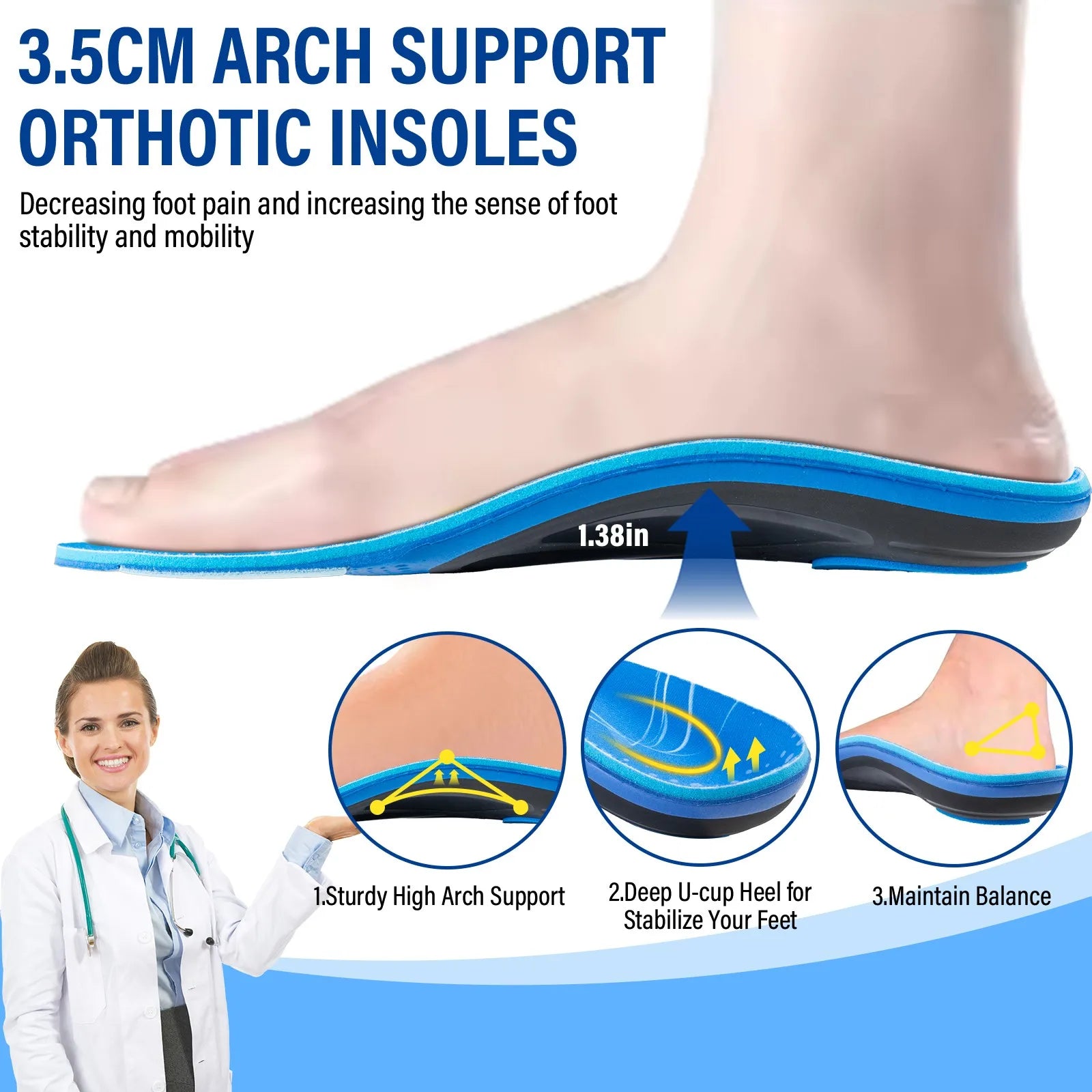 Flat Feet Insoles, Arch Support with Deep Heel Cup & Shock Absorption - Relieve Plantar Fasciitis, Pronation, Ankle Pain Peaceful Pleasures Health and Wellness