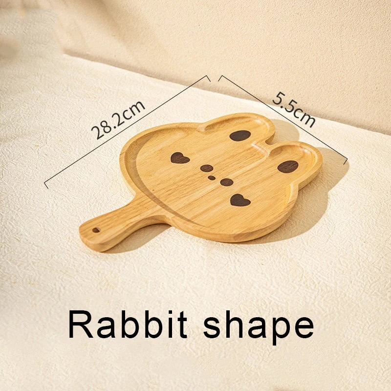 Wooden Cartoon Bear & Rabbit Children’s Serving Tray with Handle | Leaf Shape – Afternoon Tea, Fruit & Dessert