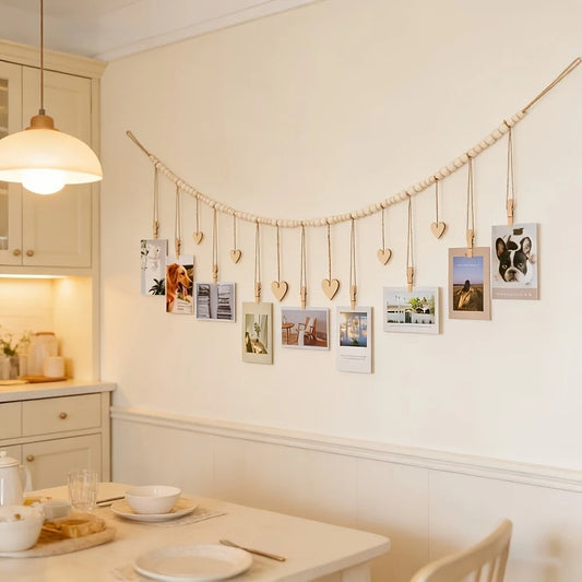 Rustic Boho Hanging Photo Display | Wood Clips & Heart Tags Photo Display Frame Peaceful Pleasures Health and Wellness