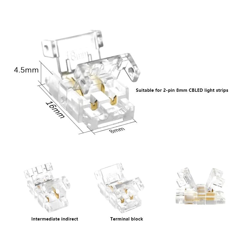 10-Pack 8mm 2-Pin COB LED Strip Solderless Connectors