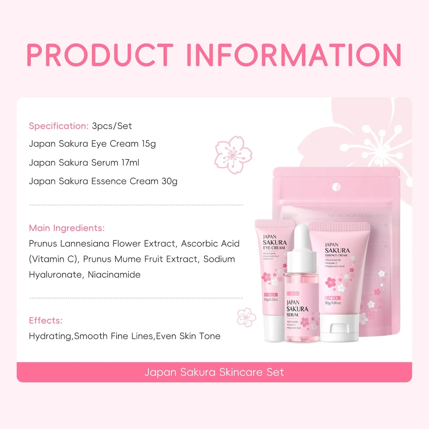 LAIKOU Sakura 3-Piece Skincare Kit – Serum, Eye Cream & Face Cream