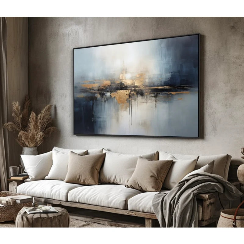100% Hand Drawn, Textured, Acrylic Abstract, Wall Decoration for Living Room and Office Murals in Gold, Black, Beige, Navy Blue Peaceful Pleasures Health and Wellness