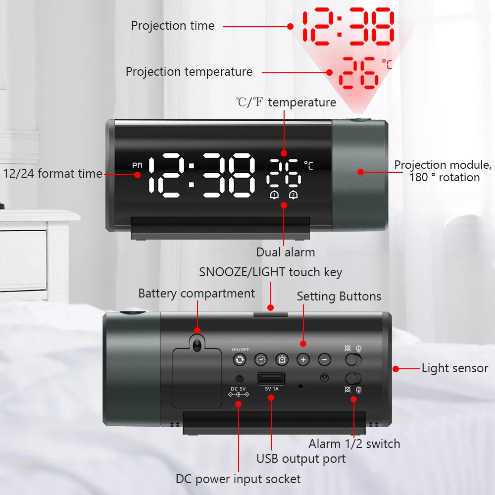Projection Alarm Clock Digital Clock with 180° Rotatable Projector 4-Level Brightness Dimmer Digital Alarm Clock for Bedroom Peaceful Pleasures Health and Wellness