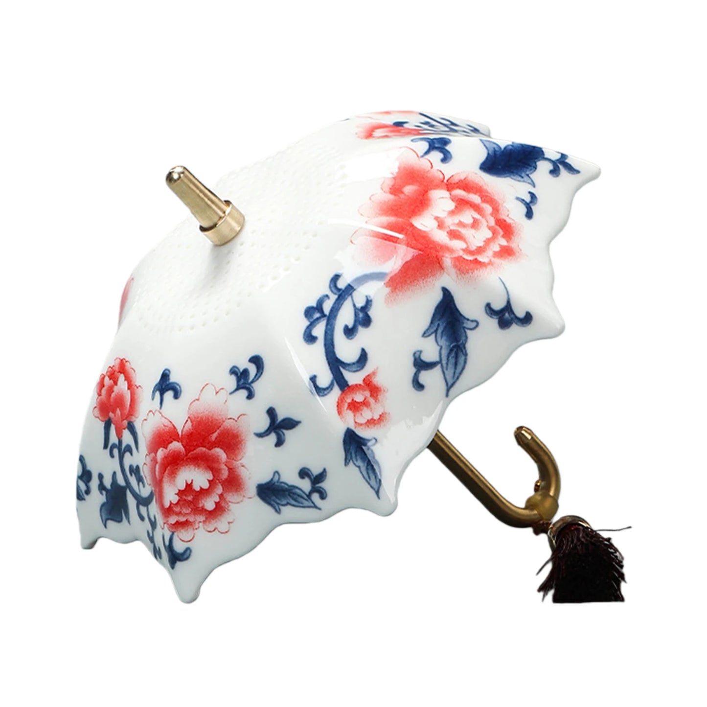 Umbrella Tea Infuser Chinese Blue & White Porcelain Umbrella Tea Strainer Traditional Oriental Kung Fu for Brewing Peaceful Pleasures Health and Wellness Peony Flowers