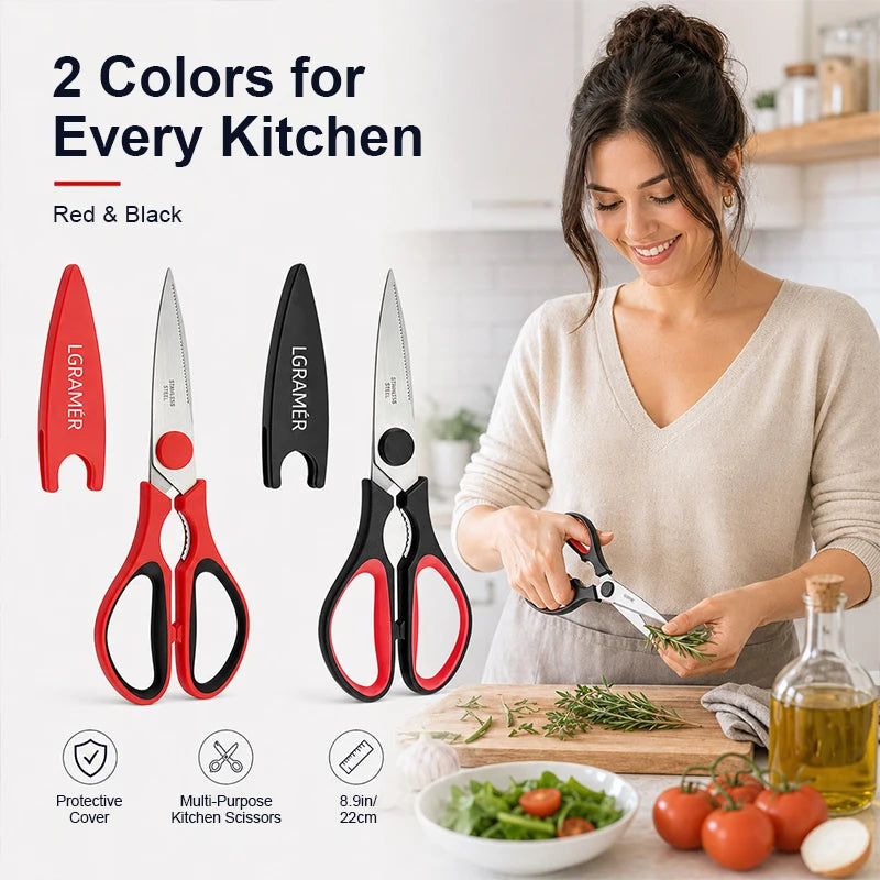 Red Stainless Steel Kitchen Scissors | Serrated Shears & Opener