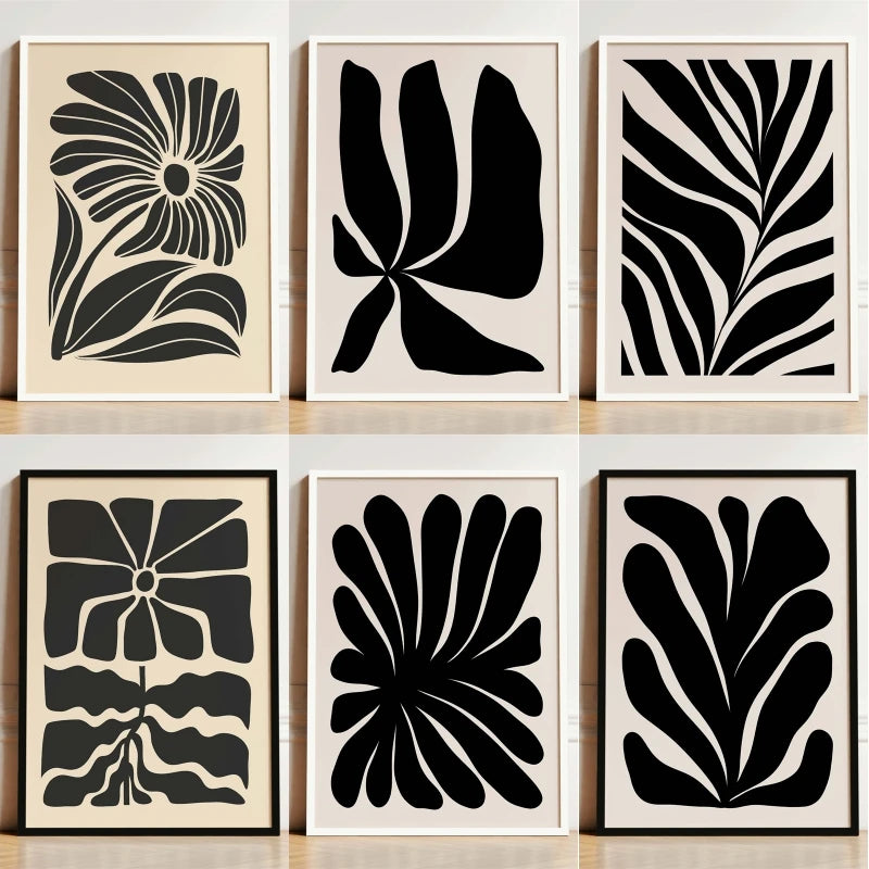 Black and Beige Dark Boho Flower Poster Abstract Mid Century Modern Botanical Canvas Painting Wall Art Picture for Home Decor Peaceful Pleasures Health and Wellness