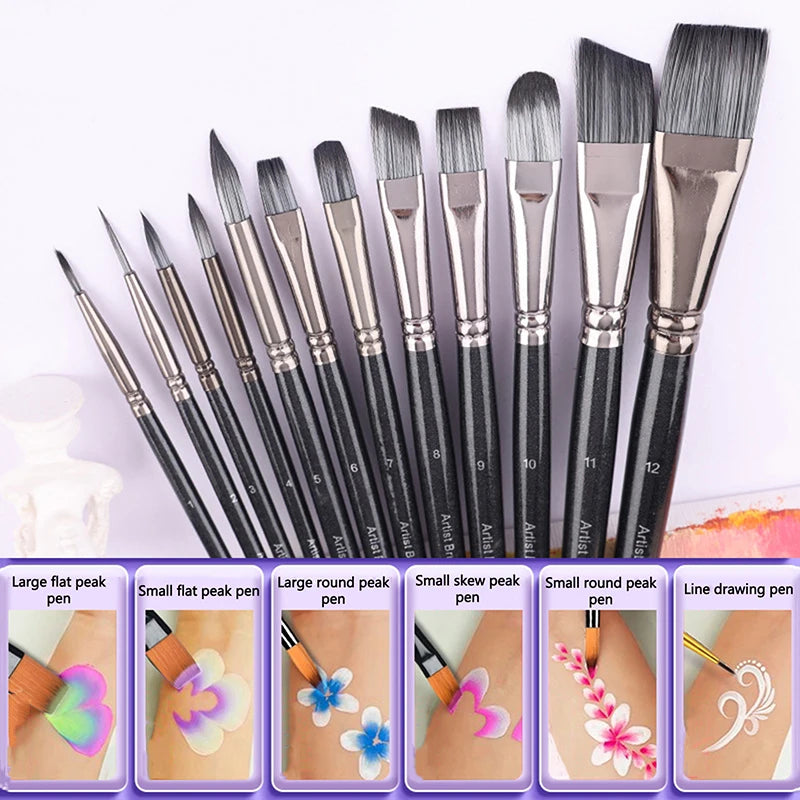 12-Piece Paint Brush Set – Nylon, Acrylic, Watercolor, Oil