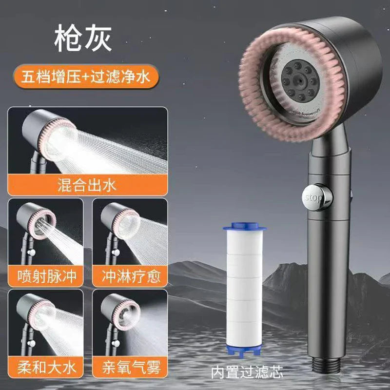 5-Mode High-Pressure Handheld Shower Head with Filter & Stop Button