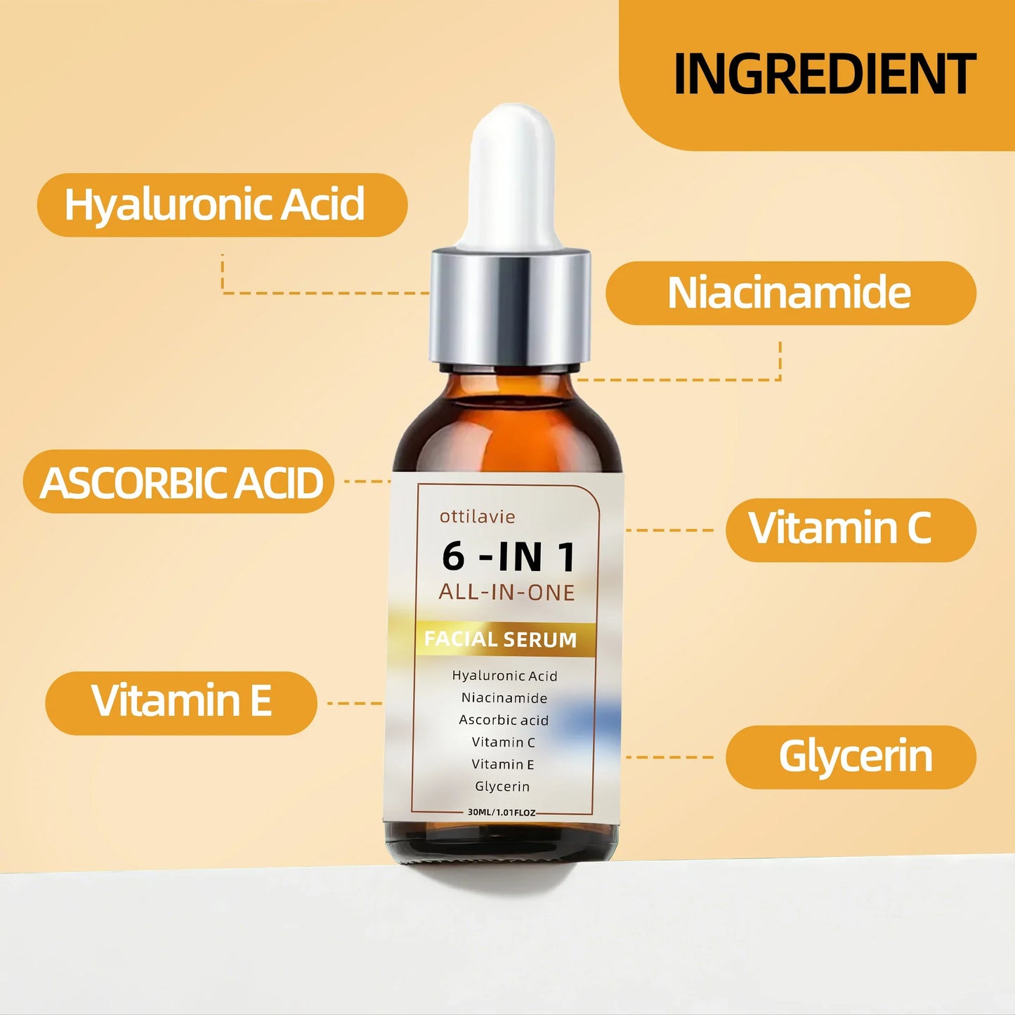 6-in-1 Facial Serum – Hyaluronic Acid, Niacinamide & Vitamin C/E