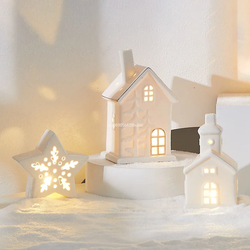 Ceramic Creative Ornaments Small Houses Christmas Decorations Christmas Glowing Snow Houses Home Furnishings INS Ornaments Decor Peaceful Pleasures Health and Wellness