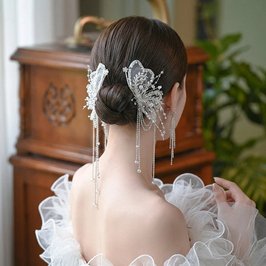 Korean Bridal Crystal Veil Bows Hair Clip With Tassels For Wedding Ceremony Peaceful Pleasures Health and Wellness