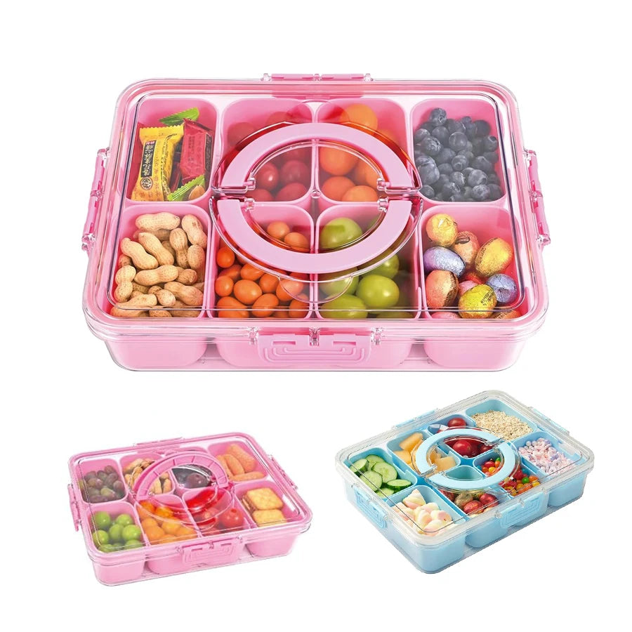 Snackle Box Container – 8-Compartment Divided Serving Tray with Lid & Handle for Candy, Fruit & Snacks