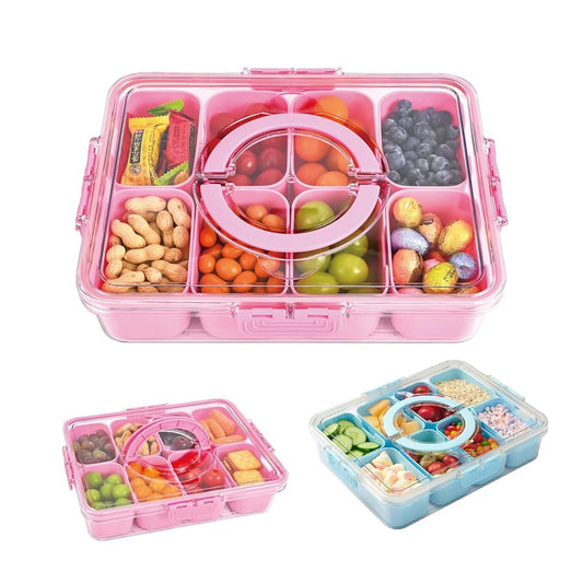 Snackle Box Container – 8-Compartment Divided Serving Tray with Lid & Handle for Candy, Fruit & Snacks Peaceful Pleasures Health and Wellness