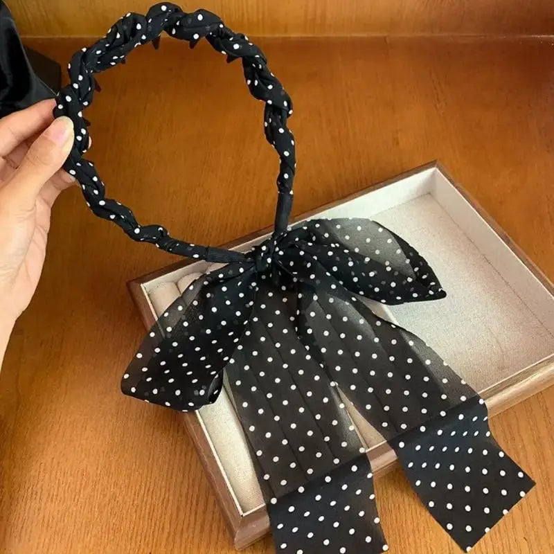 Polka Dot Bow Braided Headband – Non-Slip Chiffon for Women