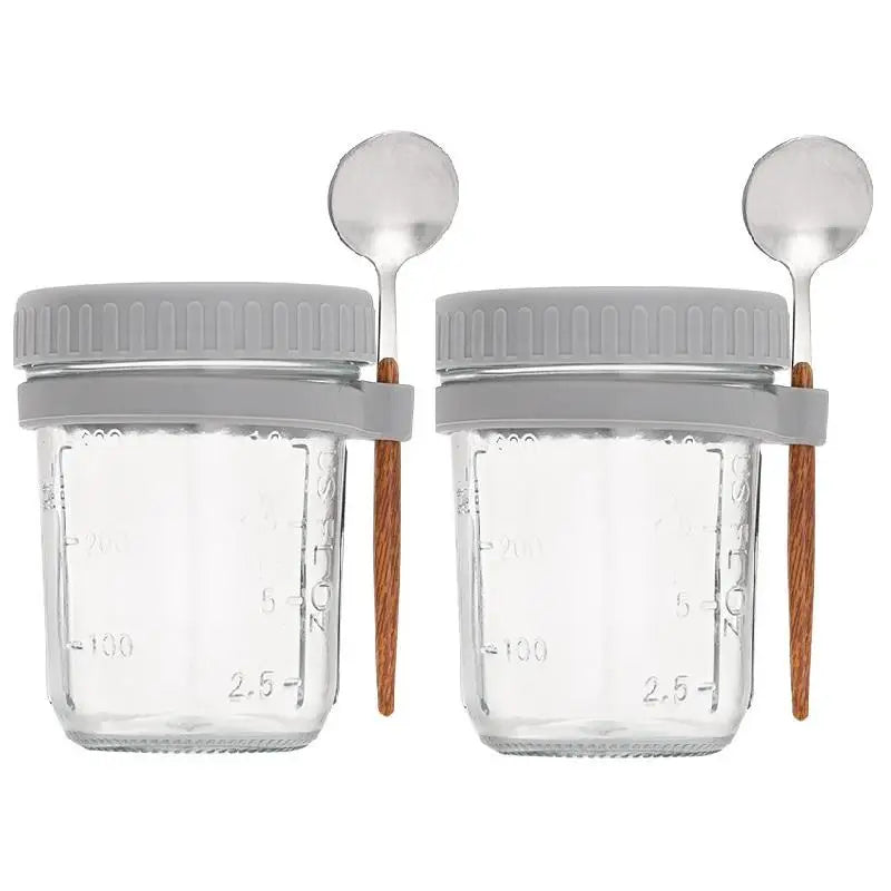 350ml Glass Overnight Oats Jar with Lid & Spoon | 1 or 2 Pack Glass Food Storage Jar Peaceful Pleasures Health and Wellness 2PCS Gray