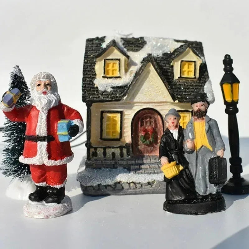 Christmas Resin Mini Village Set with LED Lights – 10 Pieces