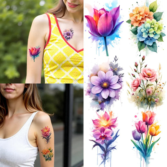 9-Pack Waterproof Temporary Tattoo Stickers – Flowers & Art Temporary Tattoo Stickers Oasis Select