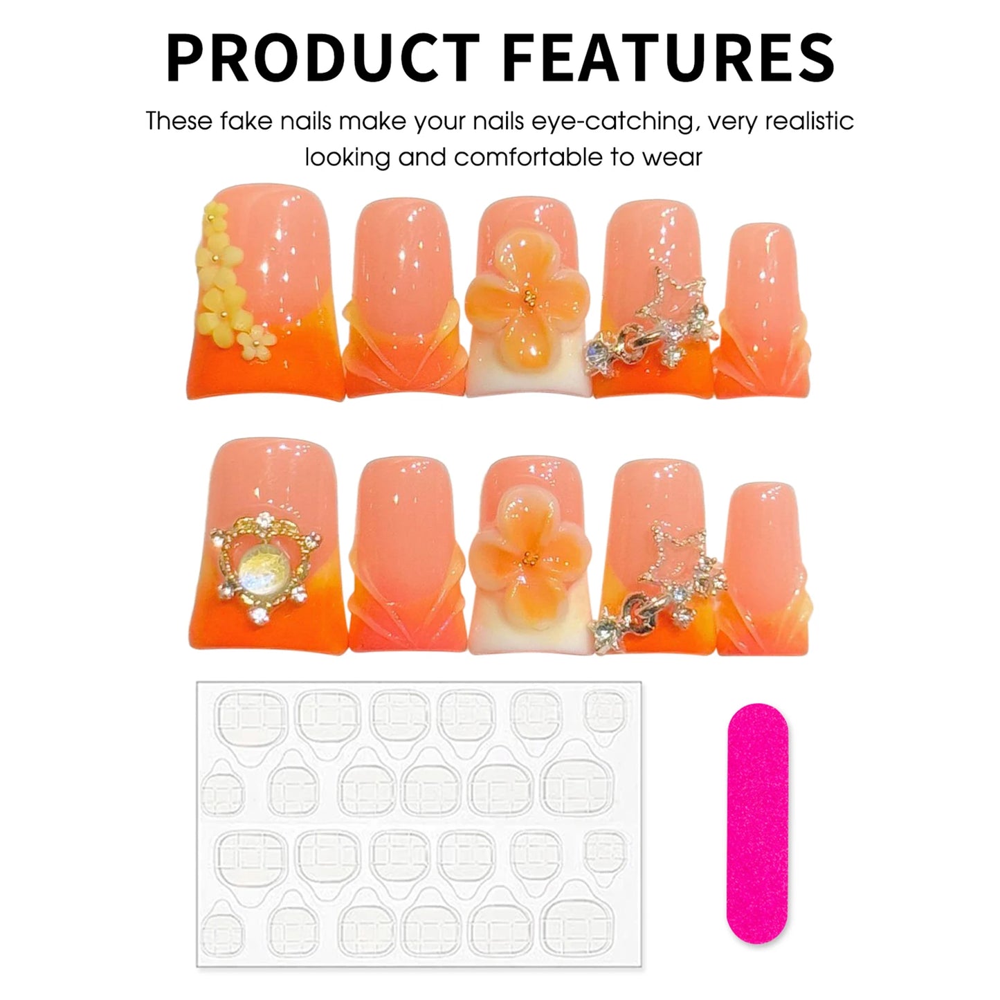 Y2K Duckbill Press On Nails – 3D Flower & Rhinestone, 10 Pcs