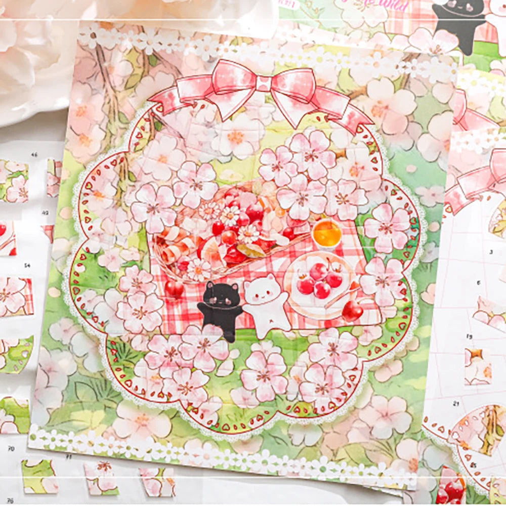 Cute Cat Cherry Blossom Rain Series Puzzle Stickers Four Theme