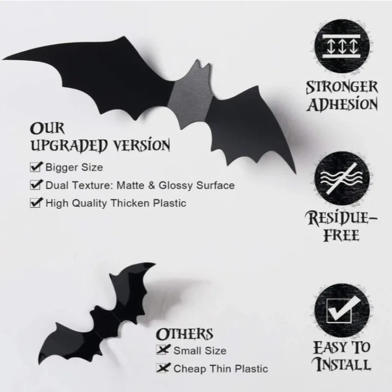 3D Halloween Bat Wall Stickers – Removable Decals 12–72 PCS