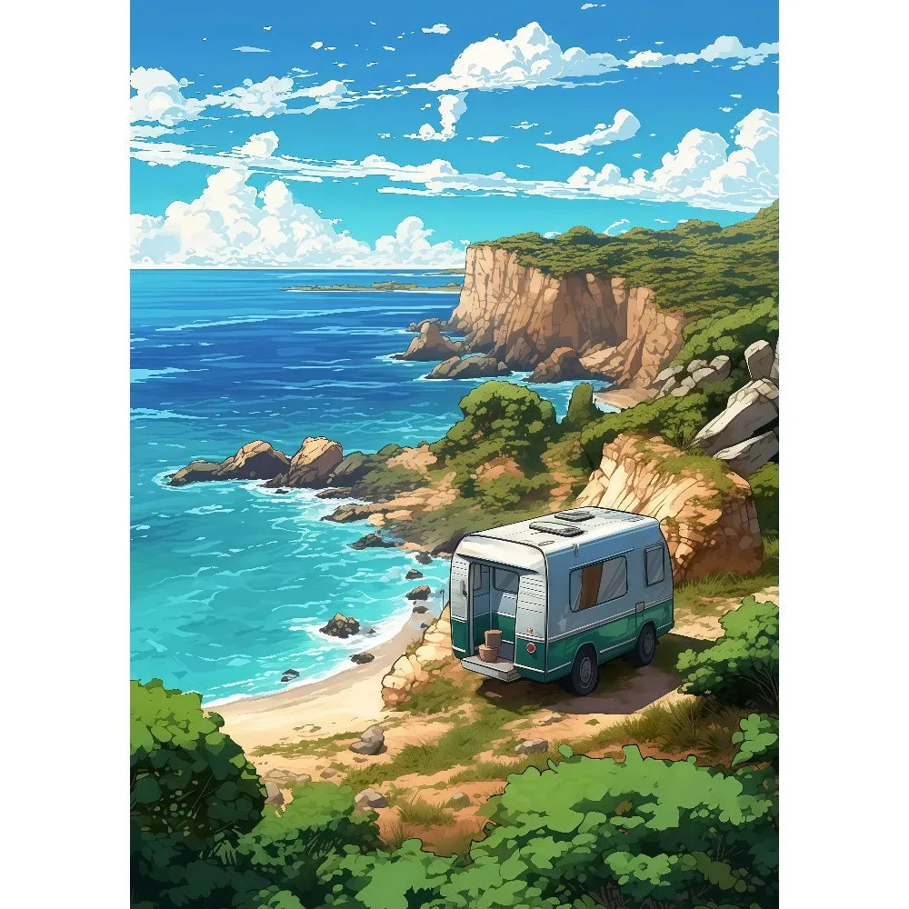Anime Summer Landscape Canvas Wall Art | Beach Forest Cabin