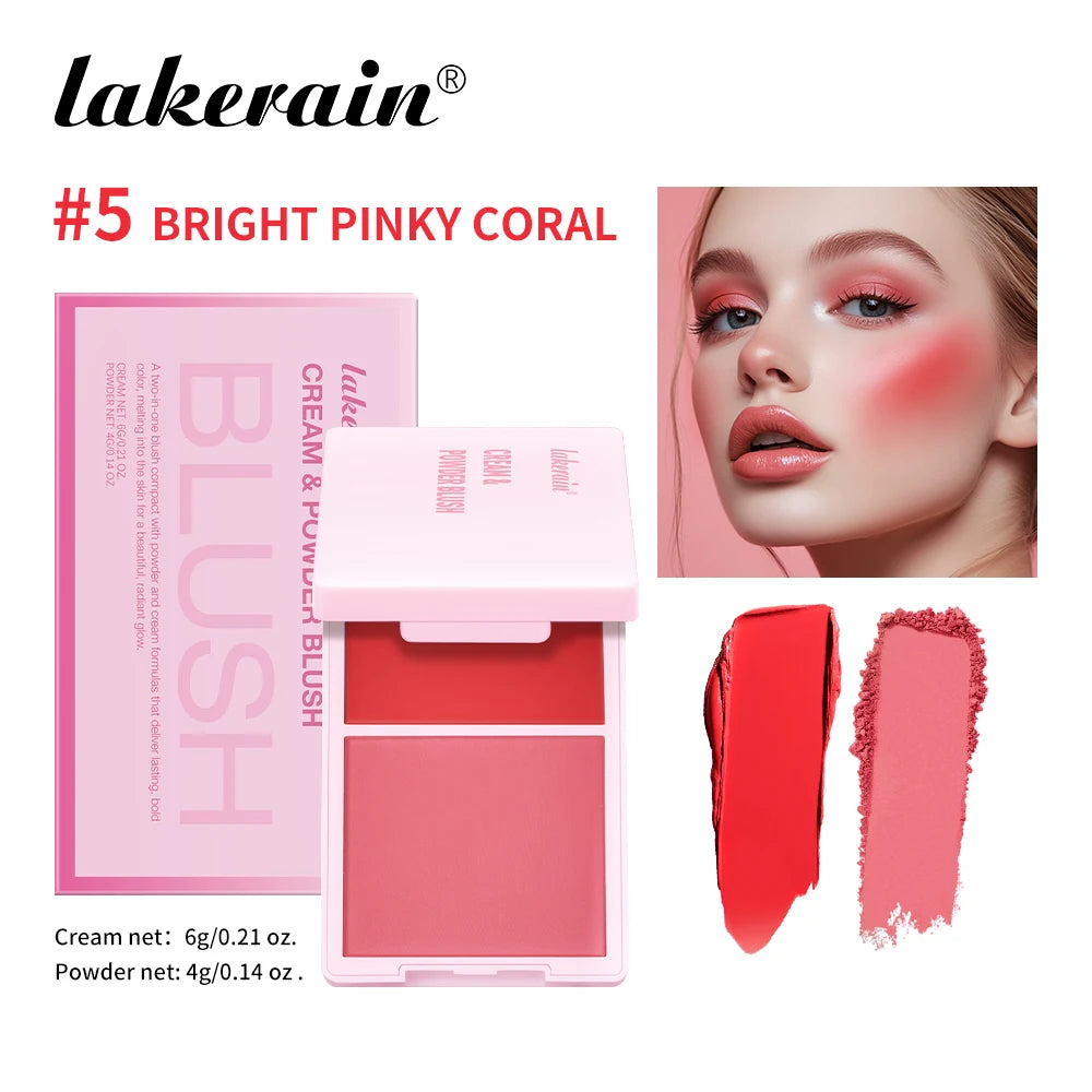 2in1 Cream & Powder Blush Matte Dewy Rosy Blush Makeup Pan Long-lasting Wearing High Pigment Natural Matte Blush Palette Peaceful Pleasures Health and Wellness 5 Bright Pinky Coral