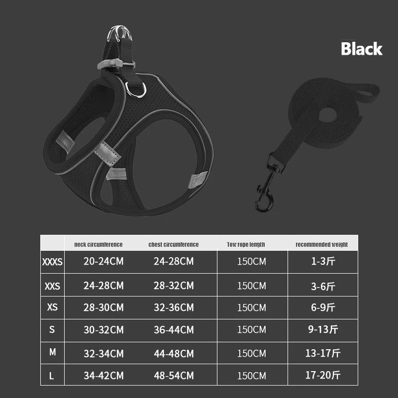 Reflective Dog Harness with Leash – Adjustable Vest XXXS–L