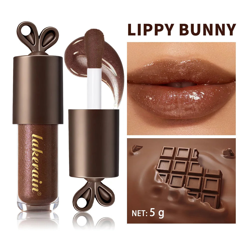 LIPPY BUNNY Plump Lips Chocolate Glow Moisturizing Lip Gloss with Bunny Keychain Lip Stain Cosmetics Makeup Peaceful Pleasures Health and Wellness
