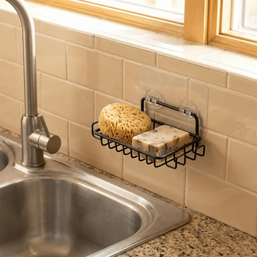 Stainless Steel Wall Mounted Soap Dish with Hooks & Basket