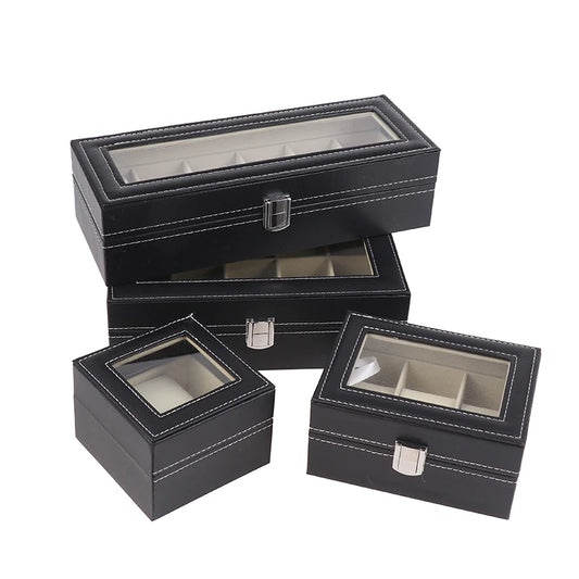Watch Box Glass Lid Detachable Black PU Leather Watch Box Display Case Organizer With Framed Glass Lid And Removable Pillow Peaceful Pleasures Health and Wellness