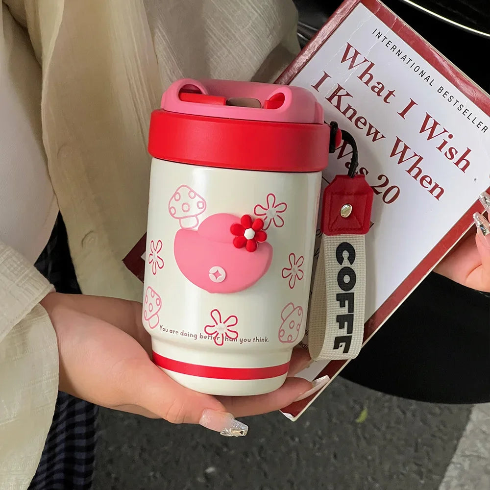 Ceramic Lined Insulated Cup Mini Double Coffee Cups 316 Stainless Steel Student Cups Practical Health Cups Cute Large Capacity Peaceful Pleasures Health and Wellness Red and White2