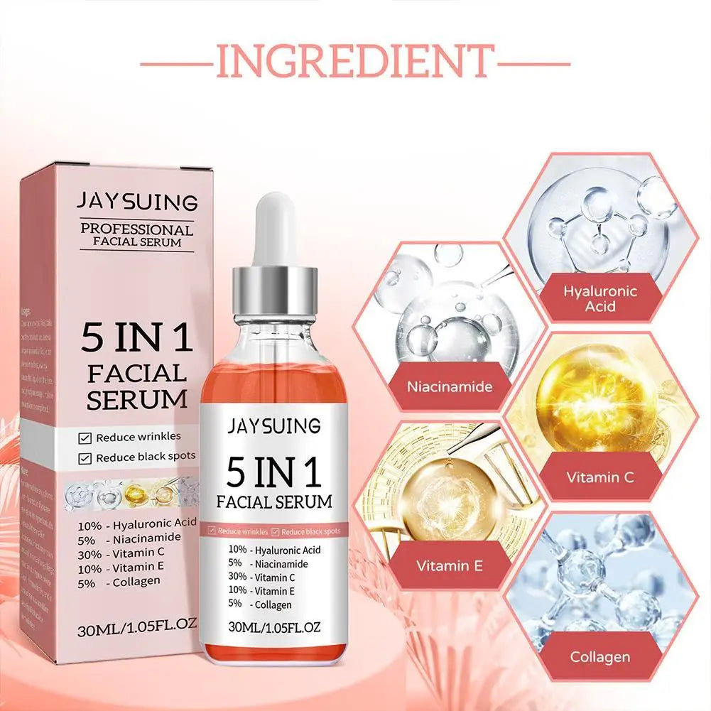 Jaysuing 5-in-1 Vitamin C & Hyaluronic Acid Face Serum – 30ml Moisturizing, Pore-Minimizing & Anti-Wrinkle Serum Peaceful Pleasures Health and Wellness