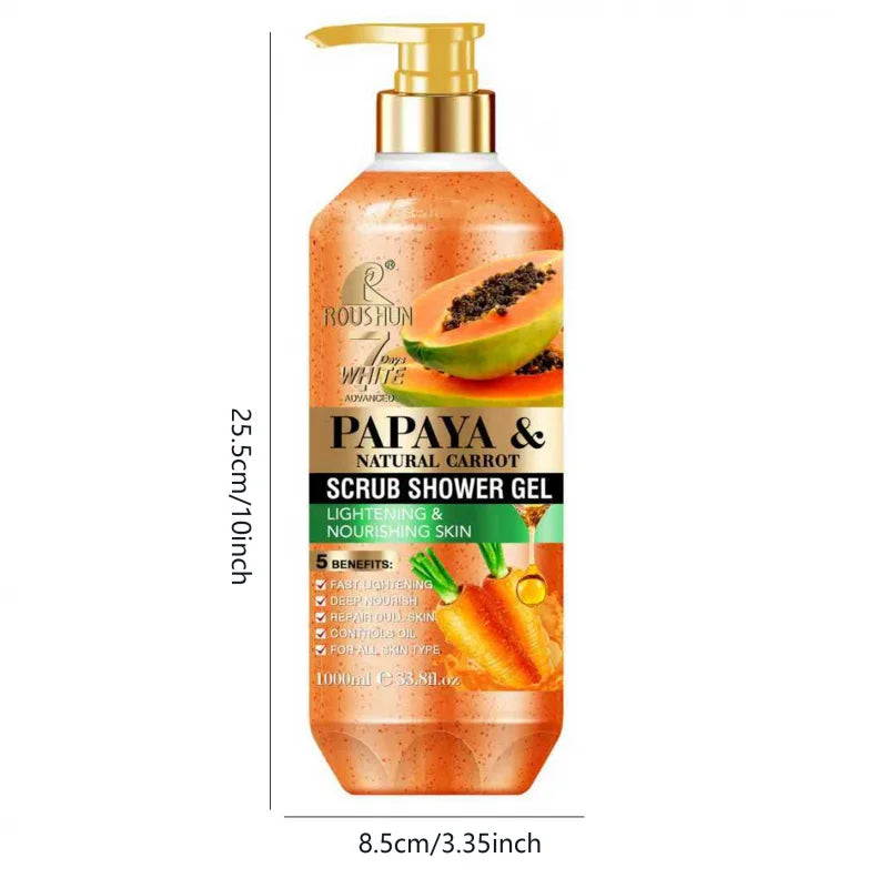 ROUSHUN Papaya Carrot SCRUB SHOWER GEL 1000ML Moisturizing and Moisturizing Skin Fragrance Preserving Large Capacity Shower Gel Peaceful Pleasures Health and Wellness