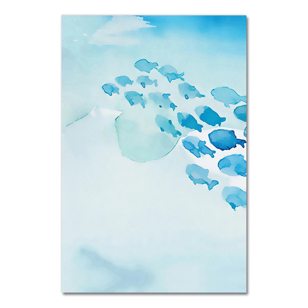 Abstract Poster Cartoon Blue Fish Group Canvas Painting Childlike Wall Art Pictures Print Room Decorative For Nursery Children Peaceful Pleasures Health and Wellness 3240-01 40x50cm