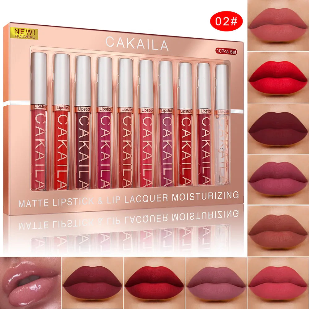 CAKAILA 10-Pc Matte Lip Gloss Set – Waterproof High Pigment