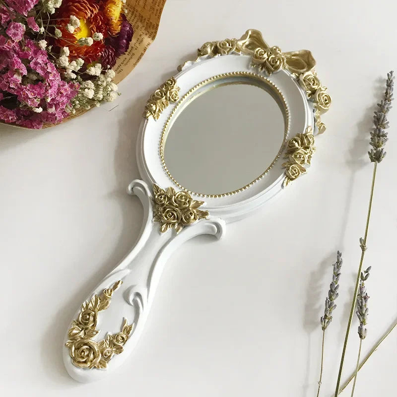 Cute Creative Vintage Hand Mirrors Makeup Vanity Mirror Handheld Cosmetic Mirror with Handle for Gifts Peaceful Pleasures Health and Wellness WHITE