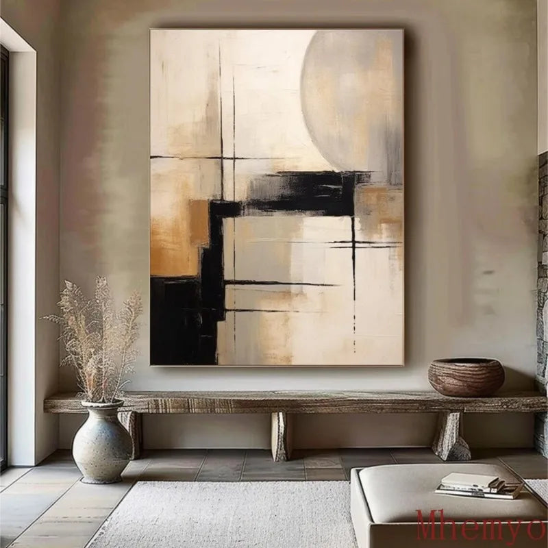 Mhemyo Black & Beige Abstract Canvas Art Decor, Textured Wabi-Sabi Style, Frameless, Modern Home Aesthetics, Textured Canvas Art Peaceful Pleasures Health and Wellness